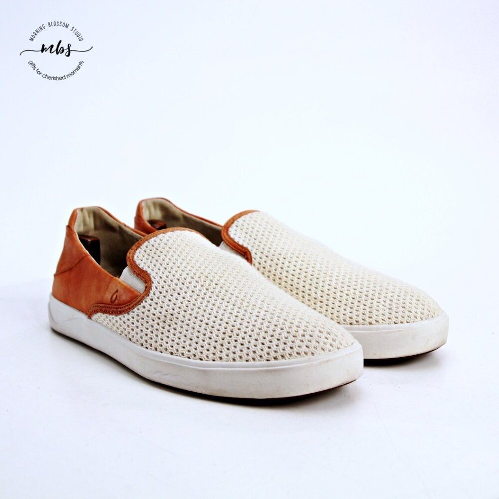 OluKai Lae‘ahi Kapa Leather Textile Slip Ons Brown Beige Men US 12 EU 45